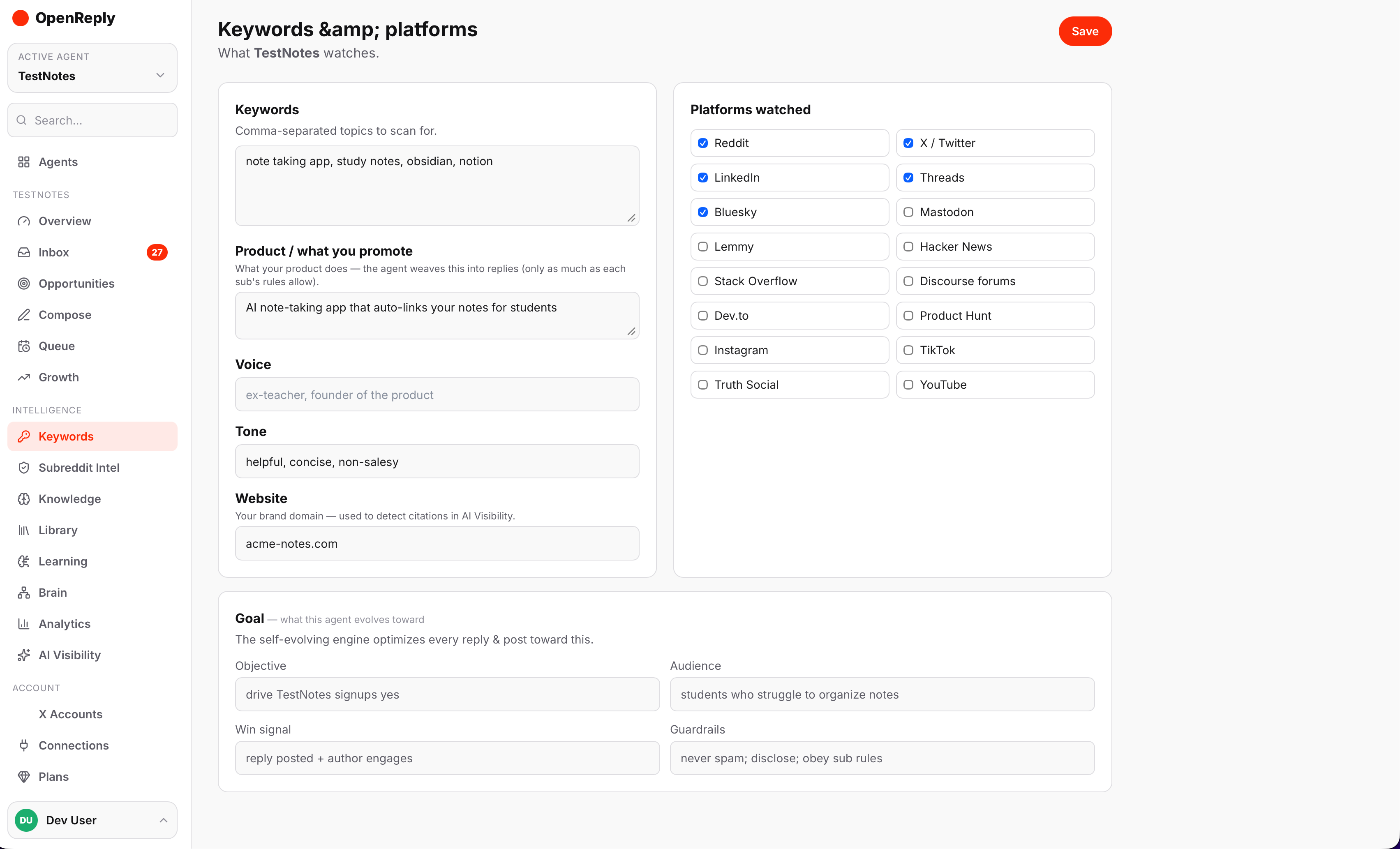Keywords and platforms setup